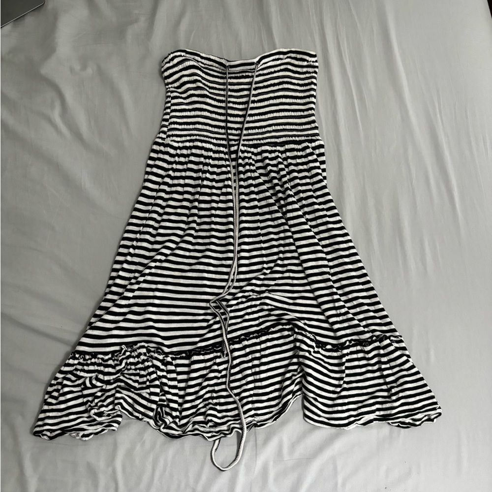 Black and white striped strapless dress